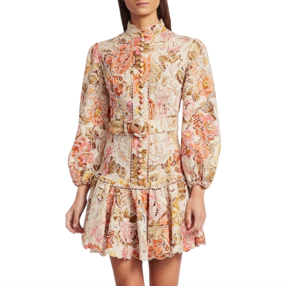 DRESS COQUETTE BOHO FLORAL LONG-SLEEVED LINEN FIT & FLARE BELTED MIDI DRESS - Picture 8 of 8